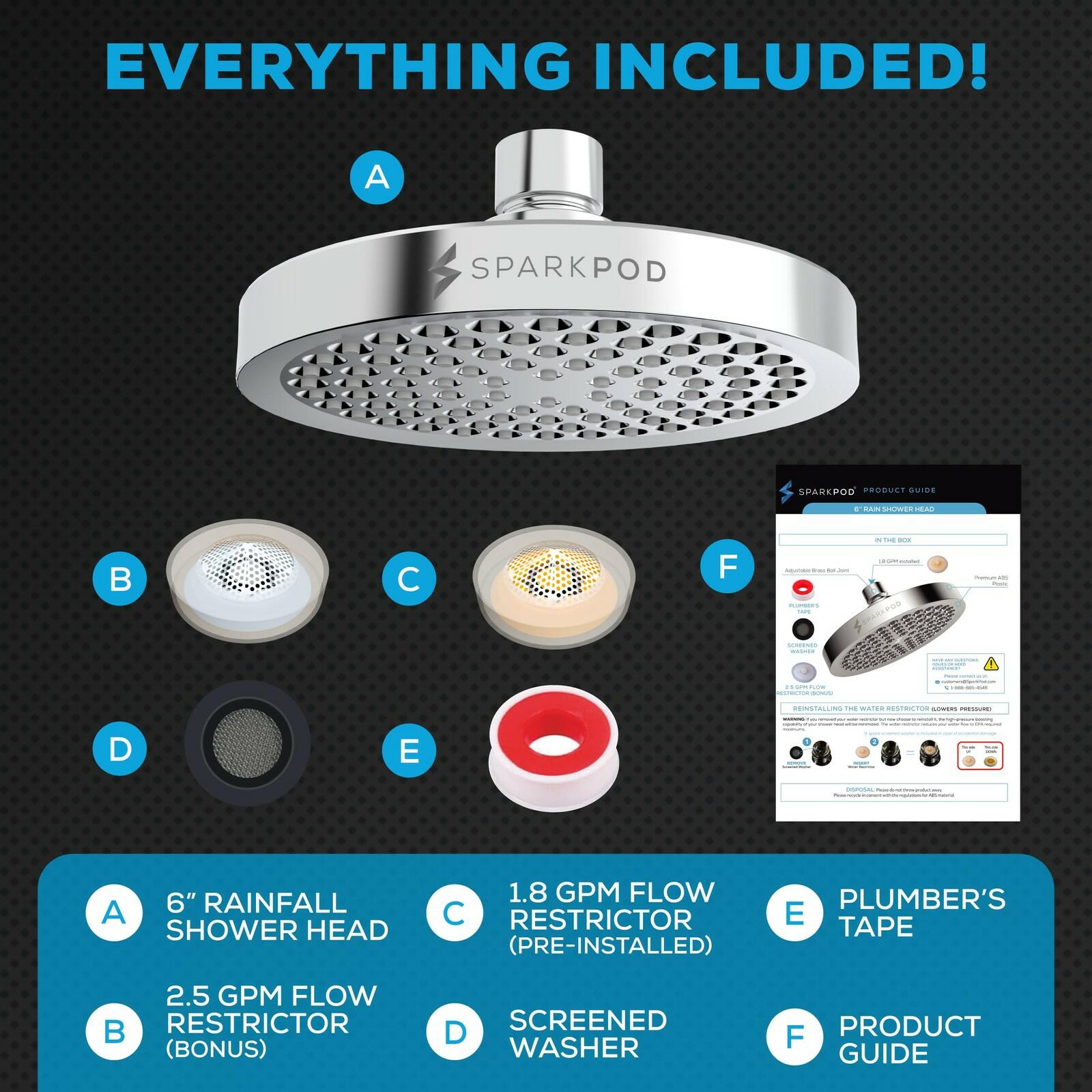 SparkPod Shower Head - High Pressure Rain - Premium Quality Luxury Design - Easy