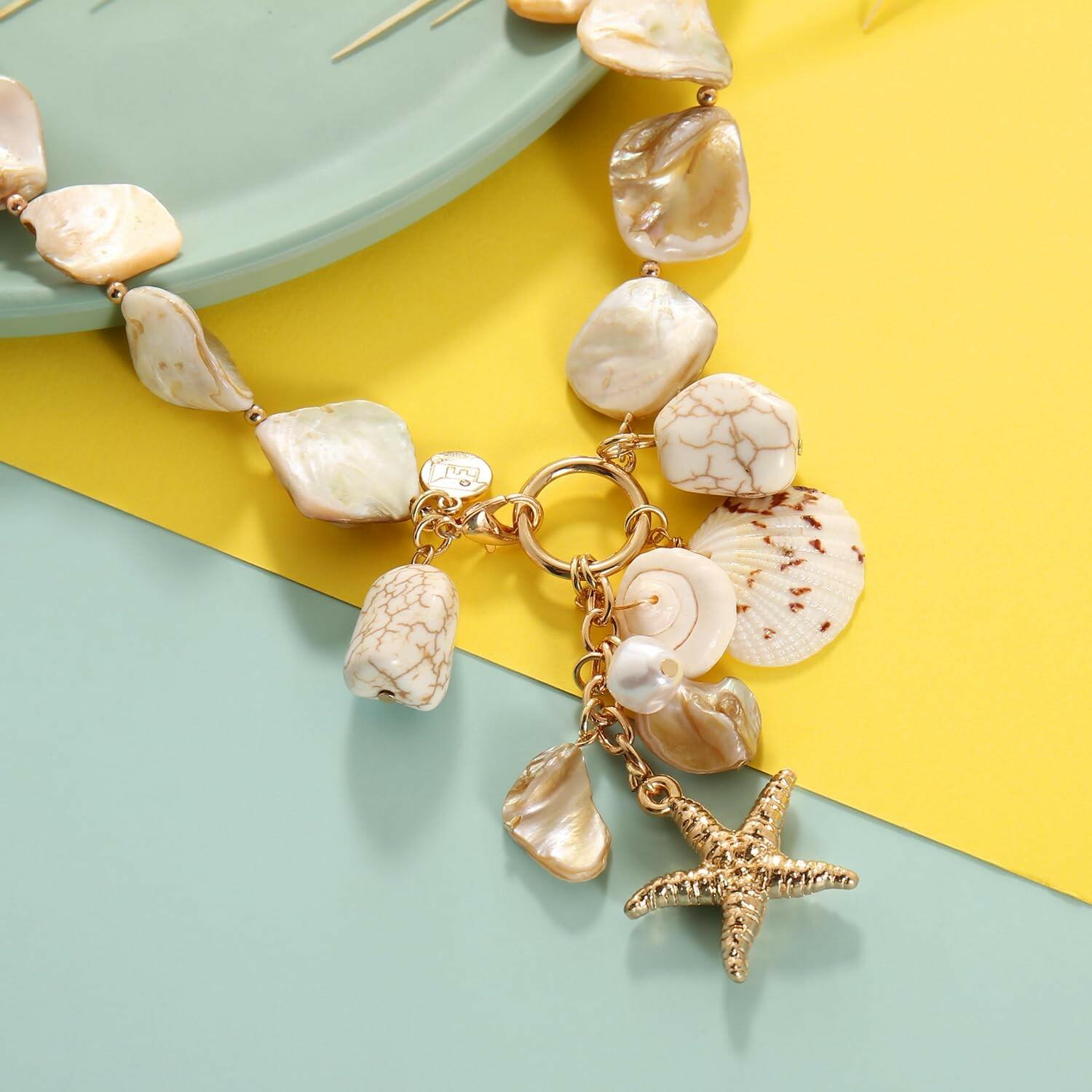 Firstmeet Natural Freshwater Shell Choker with Pearl Starfish Turquoise Pendant