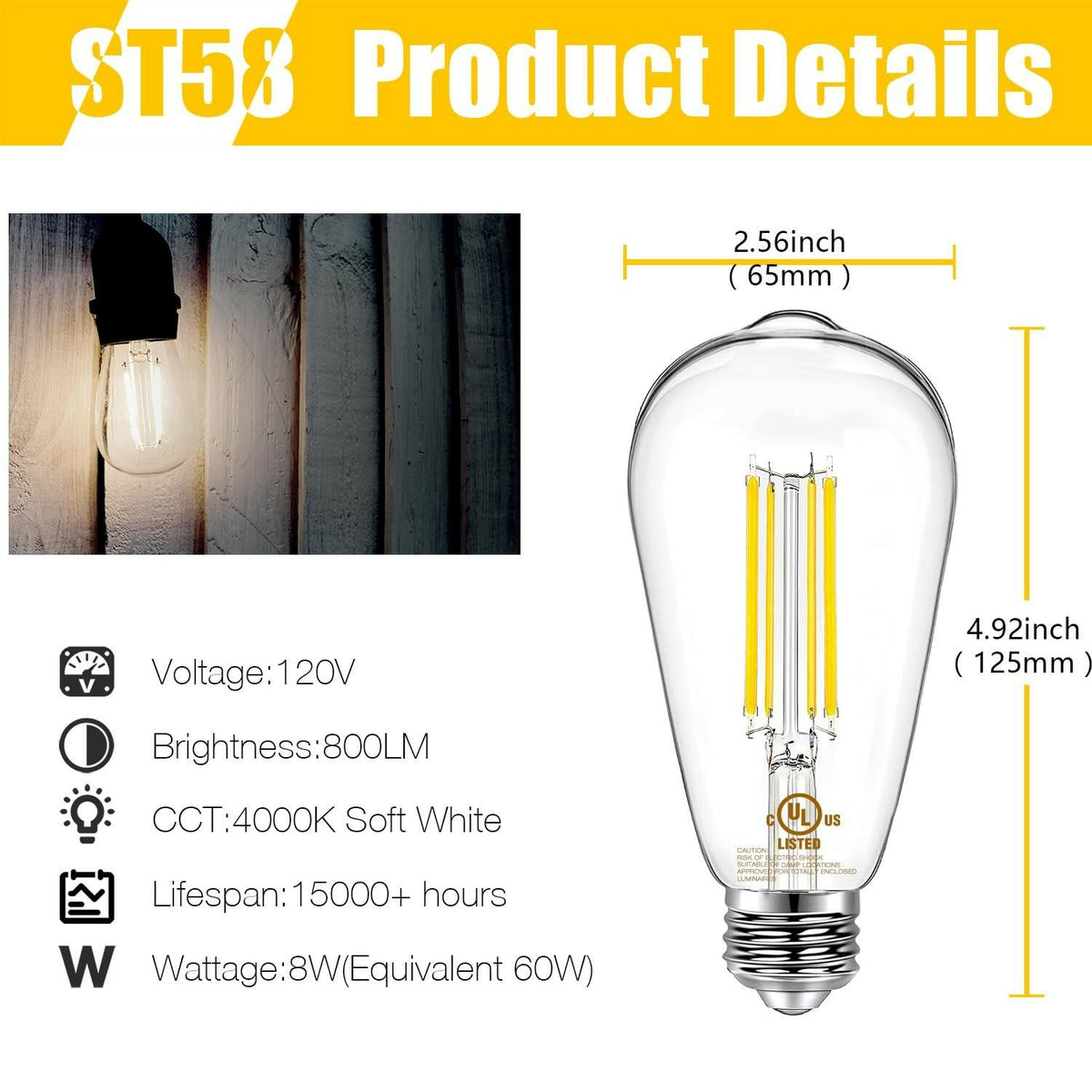 DAYBETTER 4 Pack Vintage LED Edison Bulbs, E26 Led Bulb 60W Equivalent, Dimmable