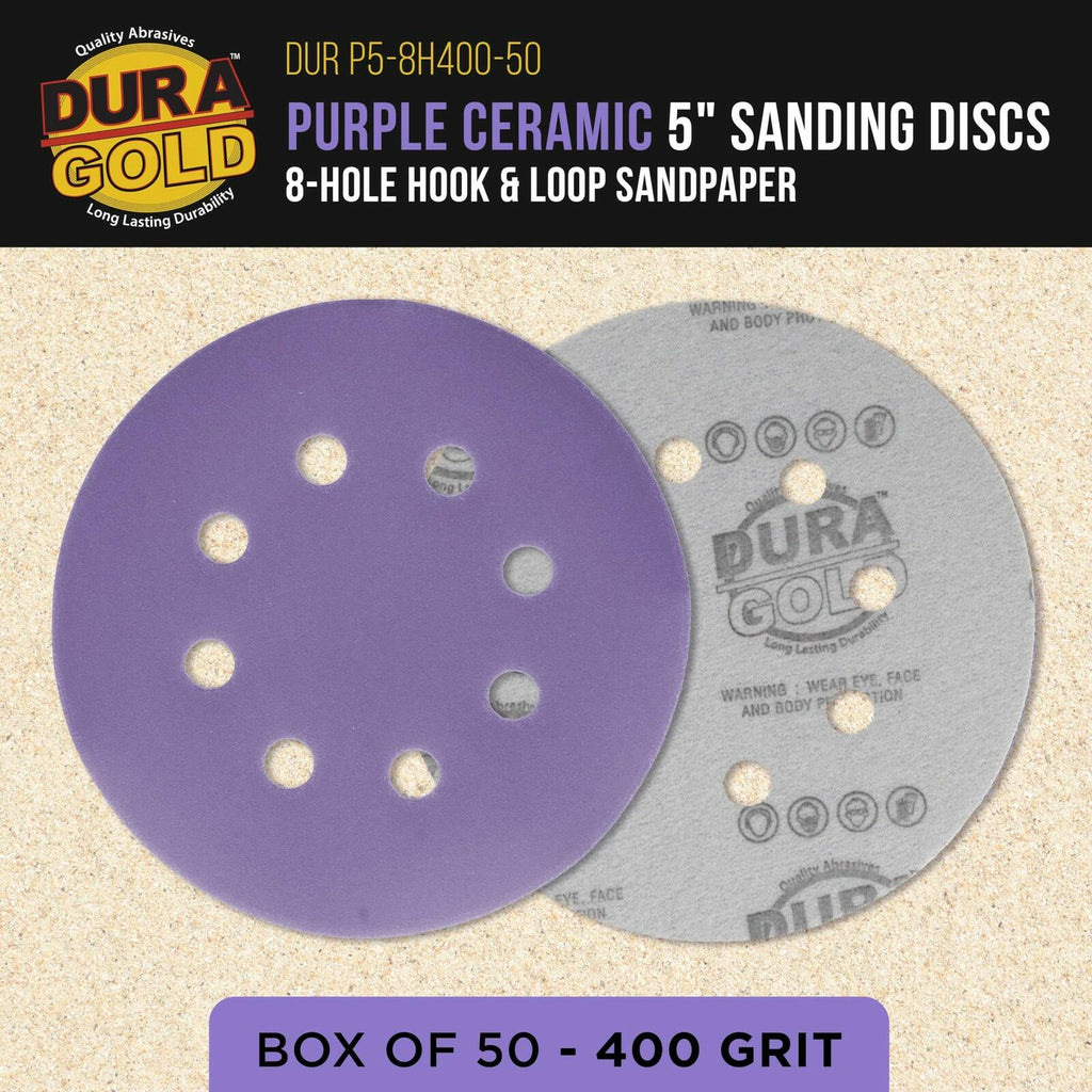 Dura-Gold Premium 400 Grit 5" Purple Film Ceramic Sanding Discs, 8-Hole Pattern,
