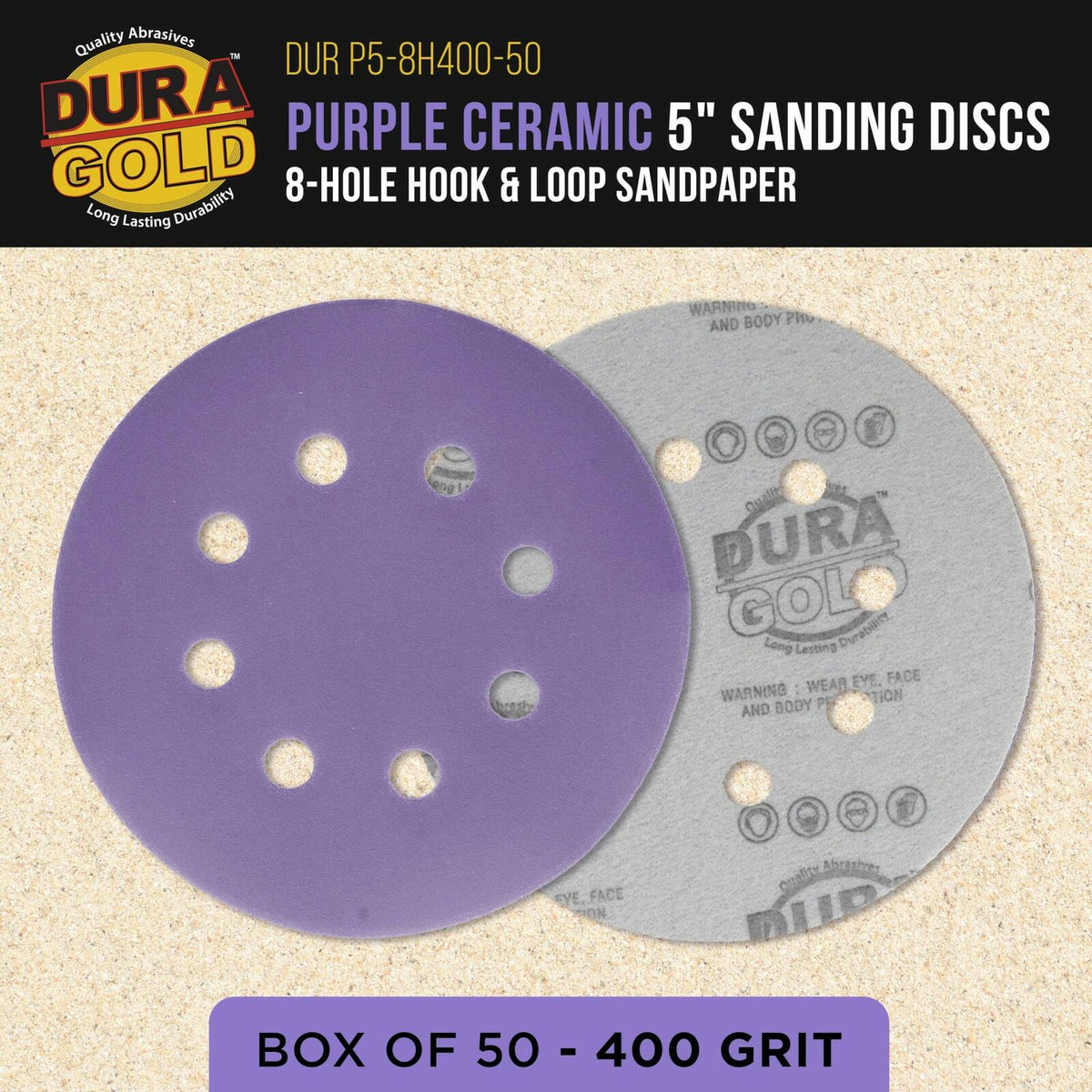 Dura-Gold Premium 400 Grit 5" Purple Film Ceramic Sanding Discs, 8-Hole Pattern,