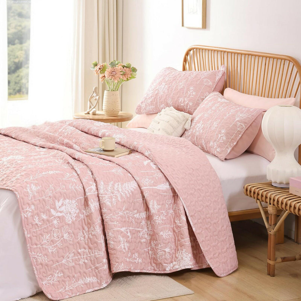 JANZAA Quilts Queen Size Pink Quilt Botanical with Floral Pattern Microfiber