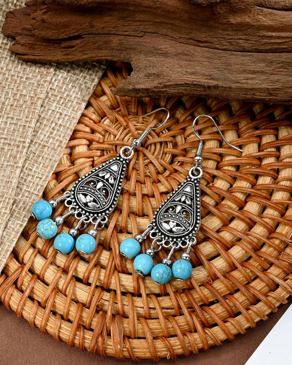Watforsh Boho Silver Turquoise Filigree Western Country Earrings Teardrop Drop