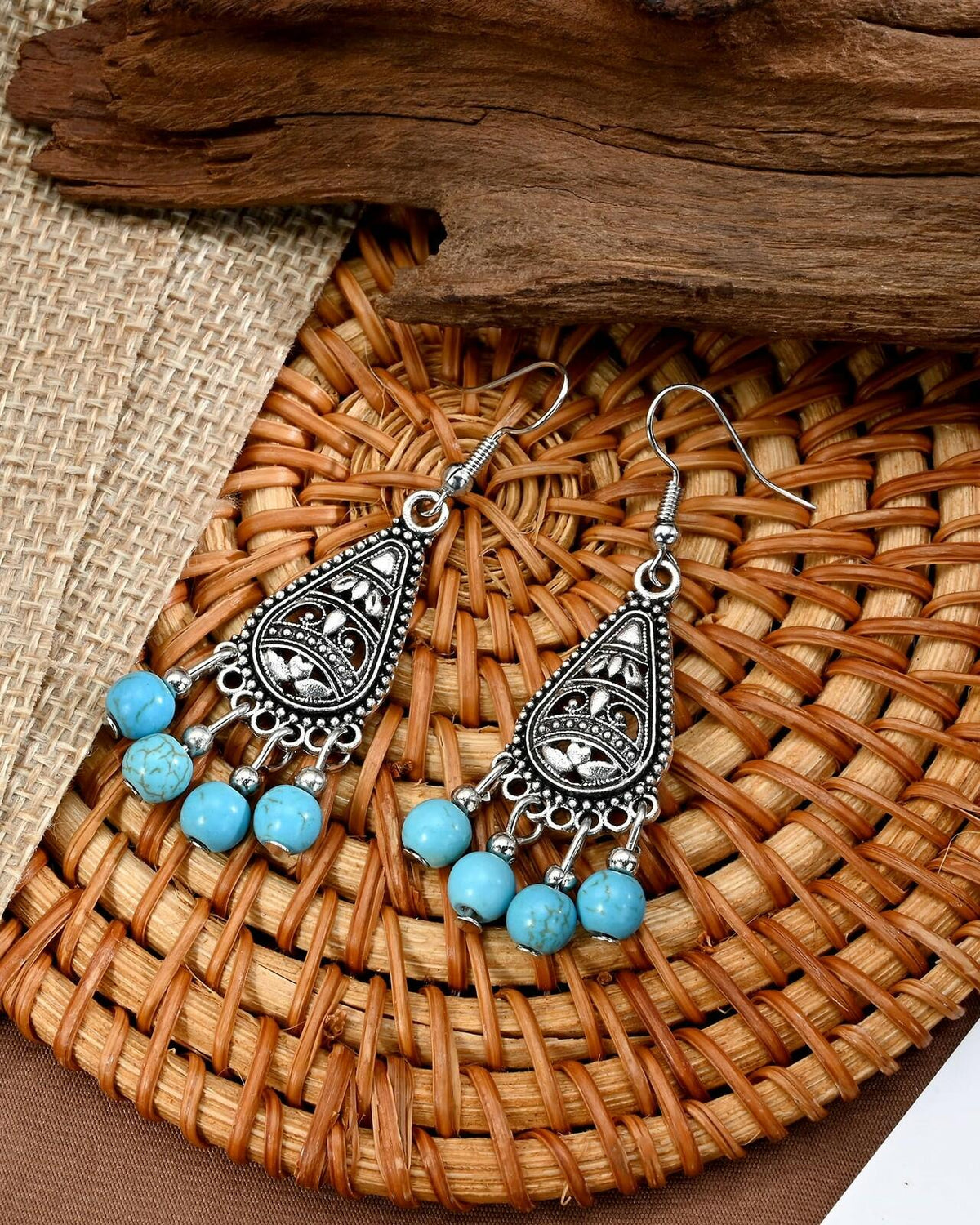 Watforsh Boho Silver Turquoise Filigree Western Country Earrings Teardrop Drop