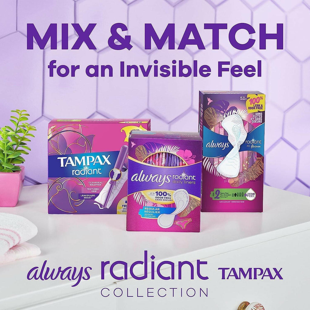28 Count Tampax Radiant Tampons Multipack With Leakguard Braid, Regular/Super