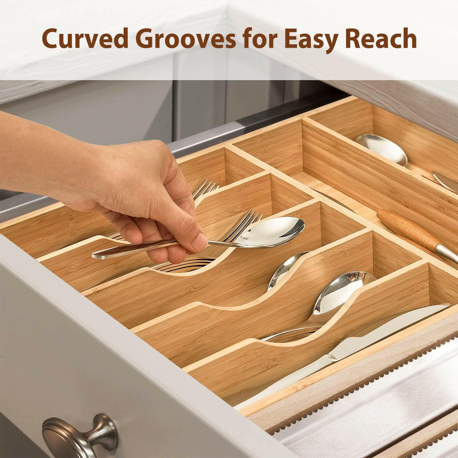Umilife Bamboo Kitchen Drawer Organizer, 13 Inch Silverware Utensil Tray Holder,