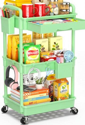 SUNALLY 3-Tier Rolling Cart with Drawer & Lockable Wheels, Bathroom Storage