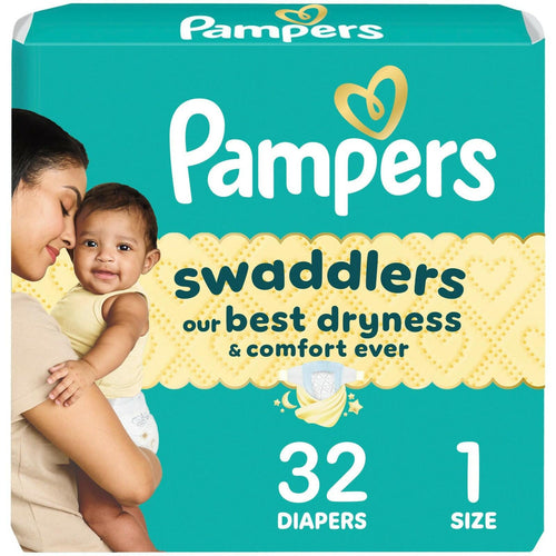 64 Count Pampers Swaddlers Diapers, Size 1 (8-14 lbs), Absorbent, Keeps Baby Dry