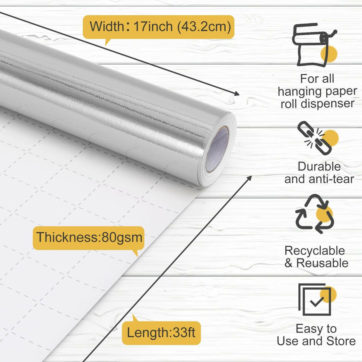 Silver Wrapping Paper, 17inch x 33ft Solid Color Metallic Lustre Paper, Silver