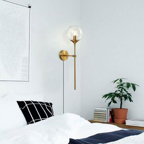 BOKT Gold Globe Wall Sconce Plug In Brass Glass Mid Century Light Clear