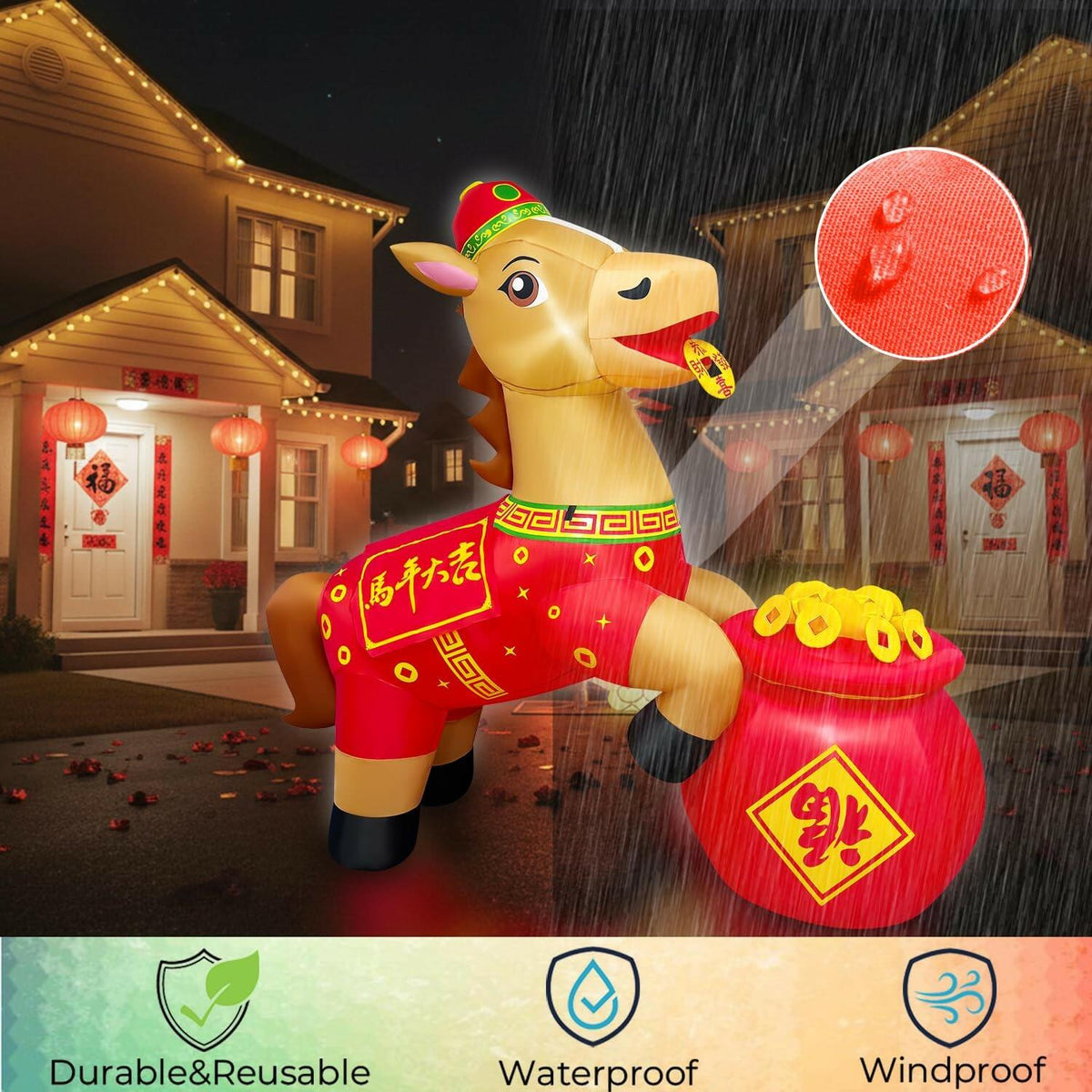 6FT Inflatable Chinese Horse with Red Outfit and Gold Coins, 2026 Year of The
