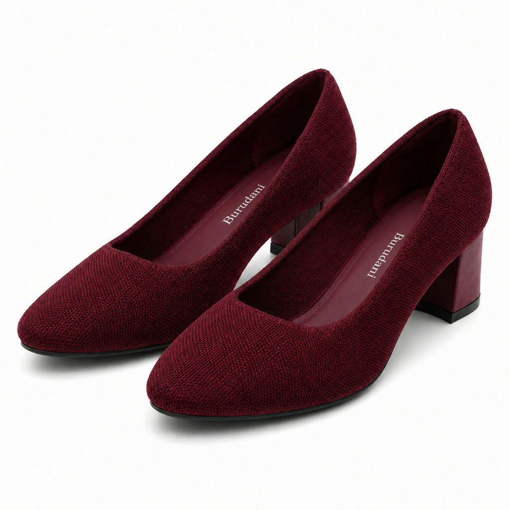 Burudani Women Burgundy Block Heel Pumps Knit Comfort Round Toe Size 11