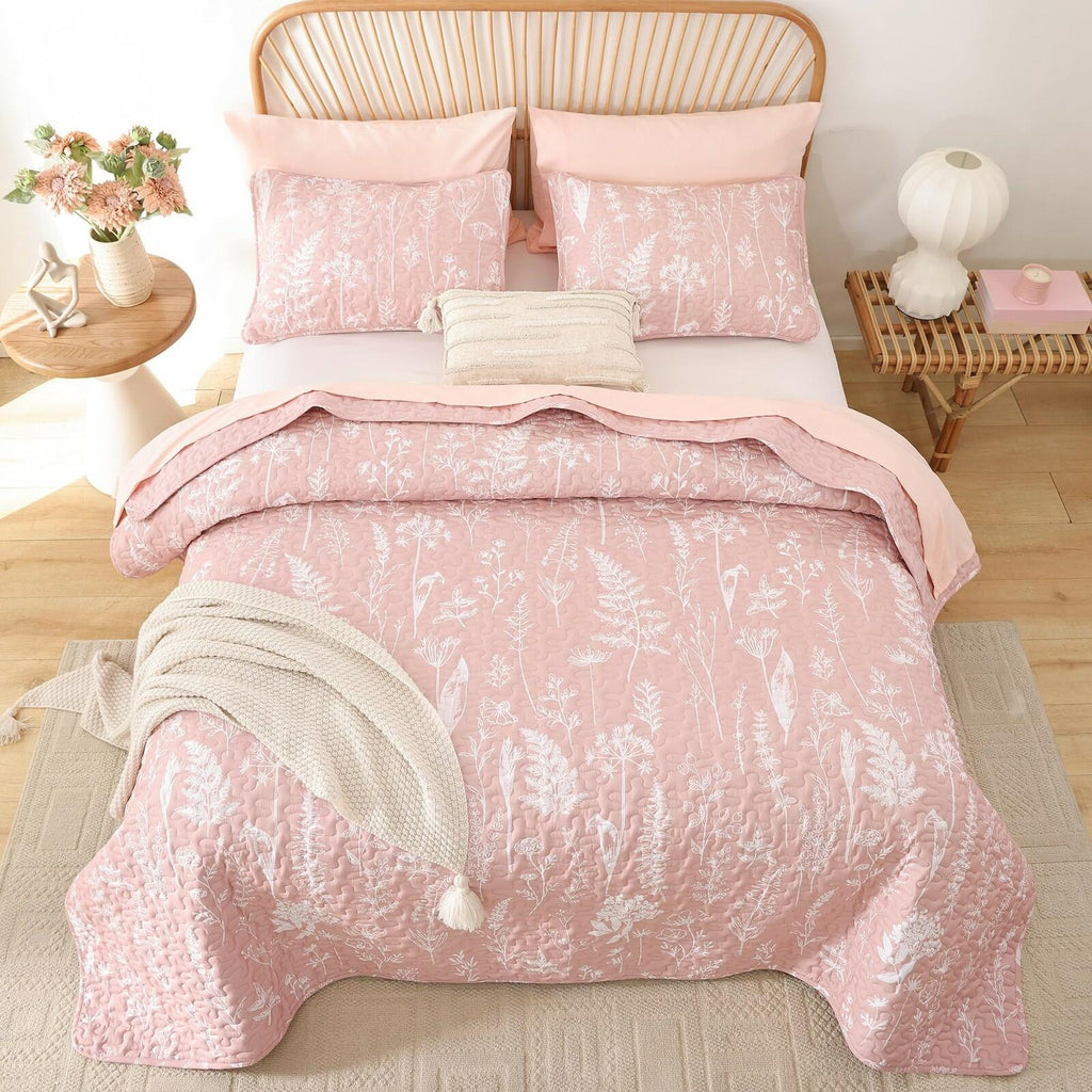 JANZAA Quilts Queen Size Pink Quilt Botanical with Floral Pattern Microfiber