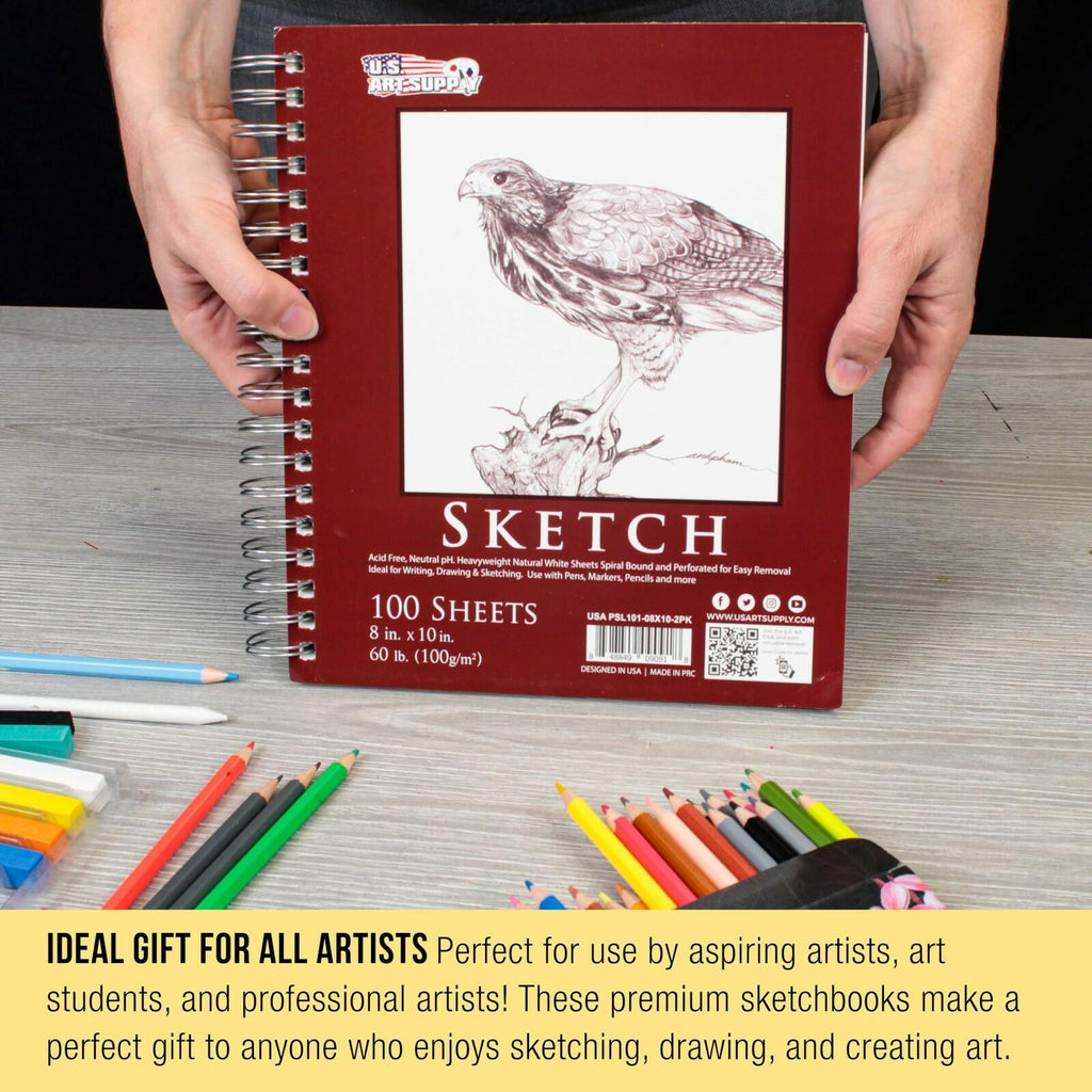 U.S. Art Supply 8"x10" Sketch Book Pad, 2 Pack (100 Sheets Each), 60lb (100gsm)