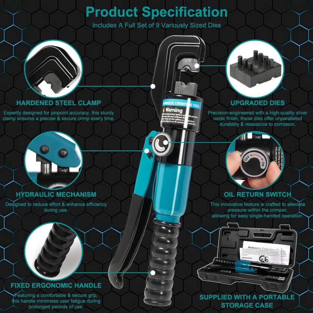 Brileine 10 Tons Hydraulic Crimping Tool with 9 Dies - Battery Cable Crimper