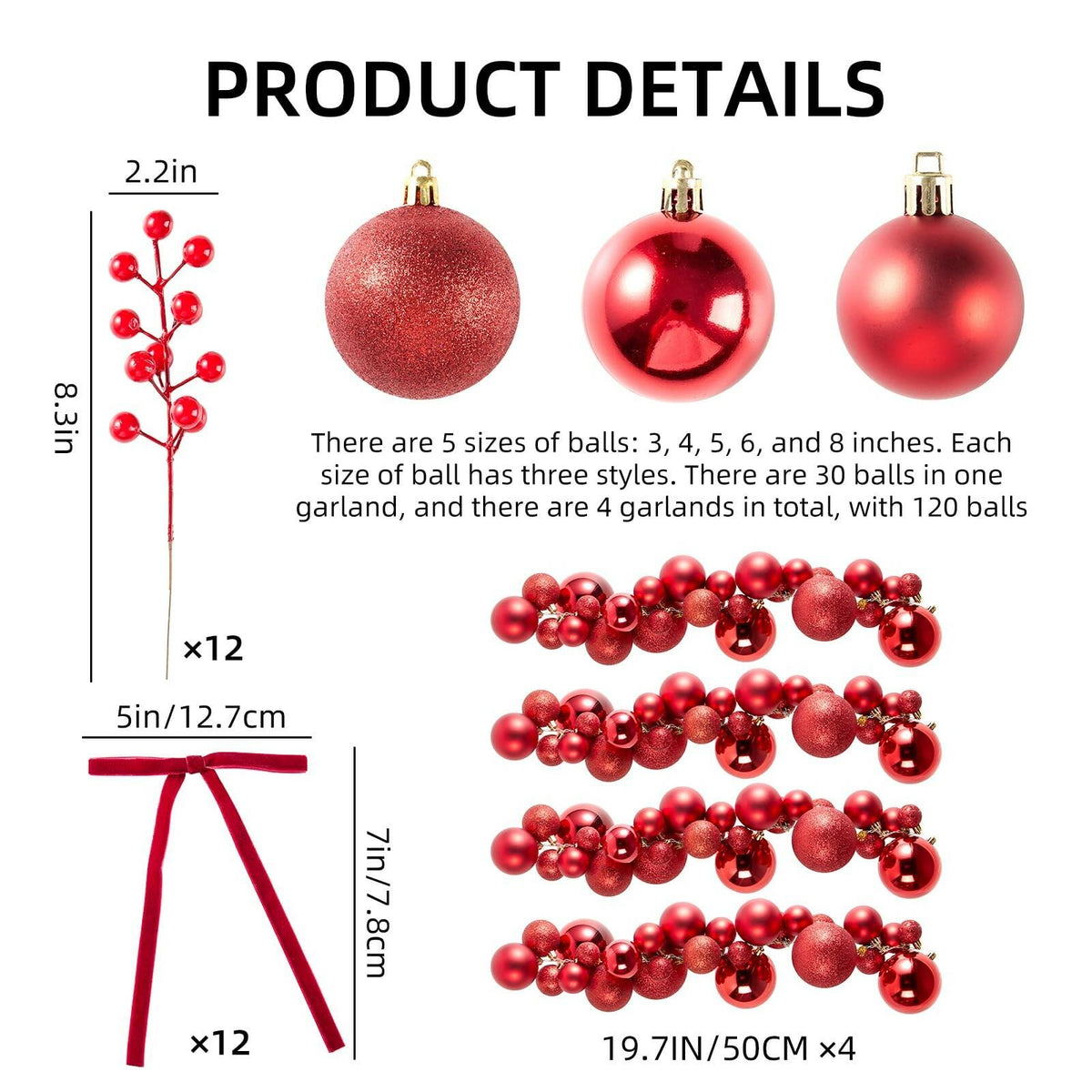 4 Pack 1.8 Feet Christmas Ball Garland Ornaments with 12 Velvet Bows and 12