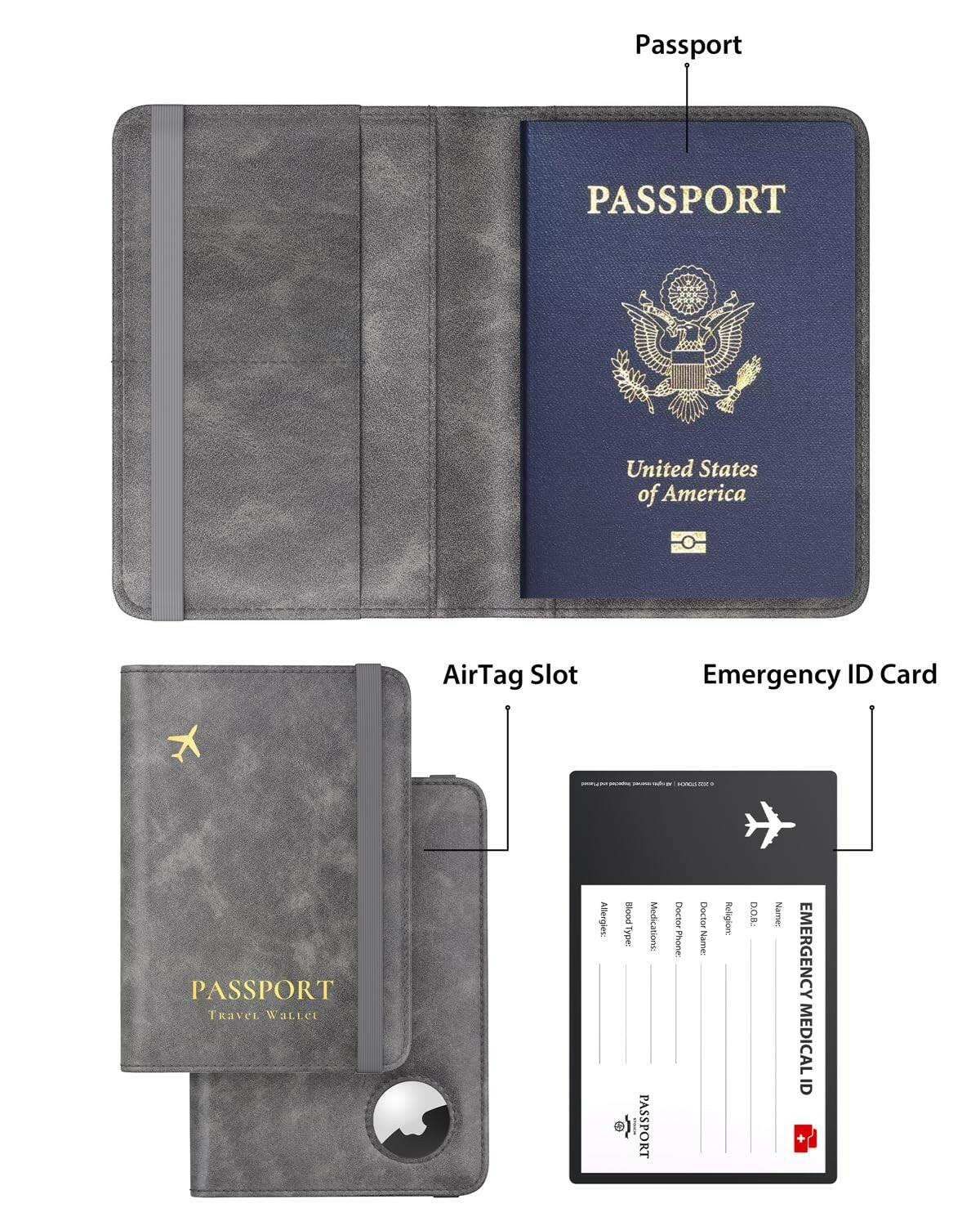 Stouchi AirTag Passport Wallet, Grey, Unisex, Faux Leather, RFID Blocking,