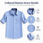 Bienzoe Size 7-8 Boys Plaid Gingham Shirt 100% Cotton Button Down Light Blue