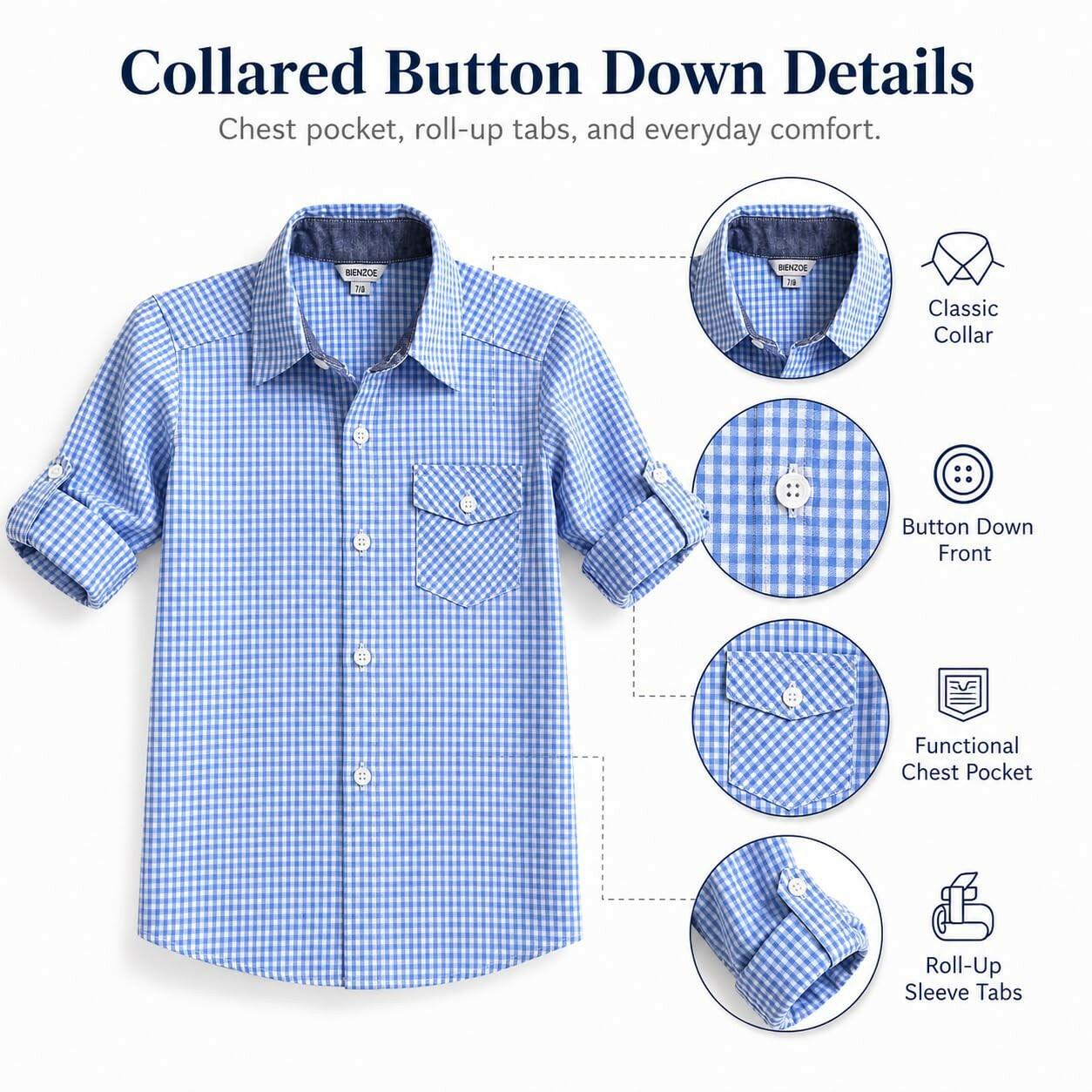 Bienzoe Size 7-8 Boys Plaid Gingham Shirt 100% Cotton Button Down Light Blue