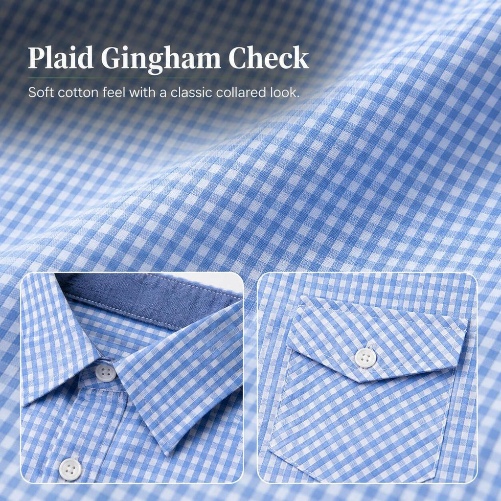 Bienzoe Size 7-8 Boys Plaid Gingham Shirt 100% Cotton Button Down Light Blue