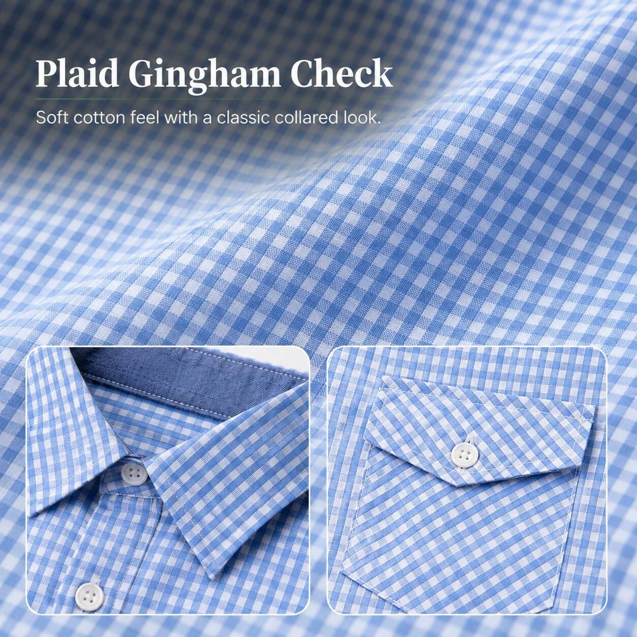 Bienzoe Size 7-8 Boys Plaid Gingham Shirt 100% Cotton Button Down Light Blue