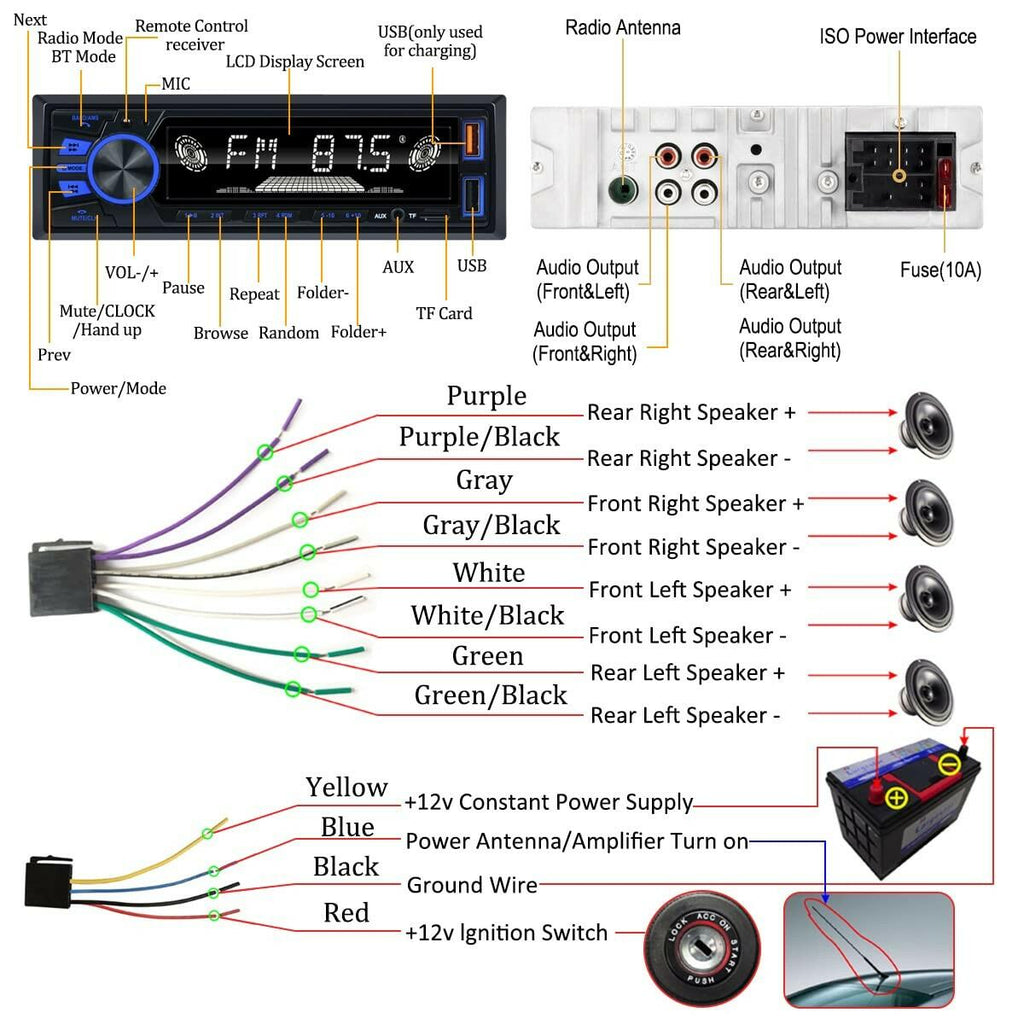 Car Radio Bluetooth Single DIN Car Stereo Audio, Car Audio with Handsfree and