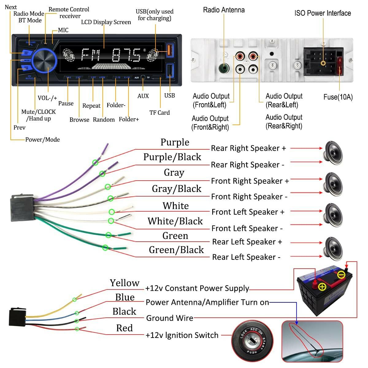 Car Radio Bluetooth Single DIN Car Stereo Audio, Car Audio with Handsfree and