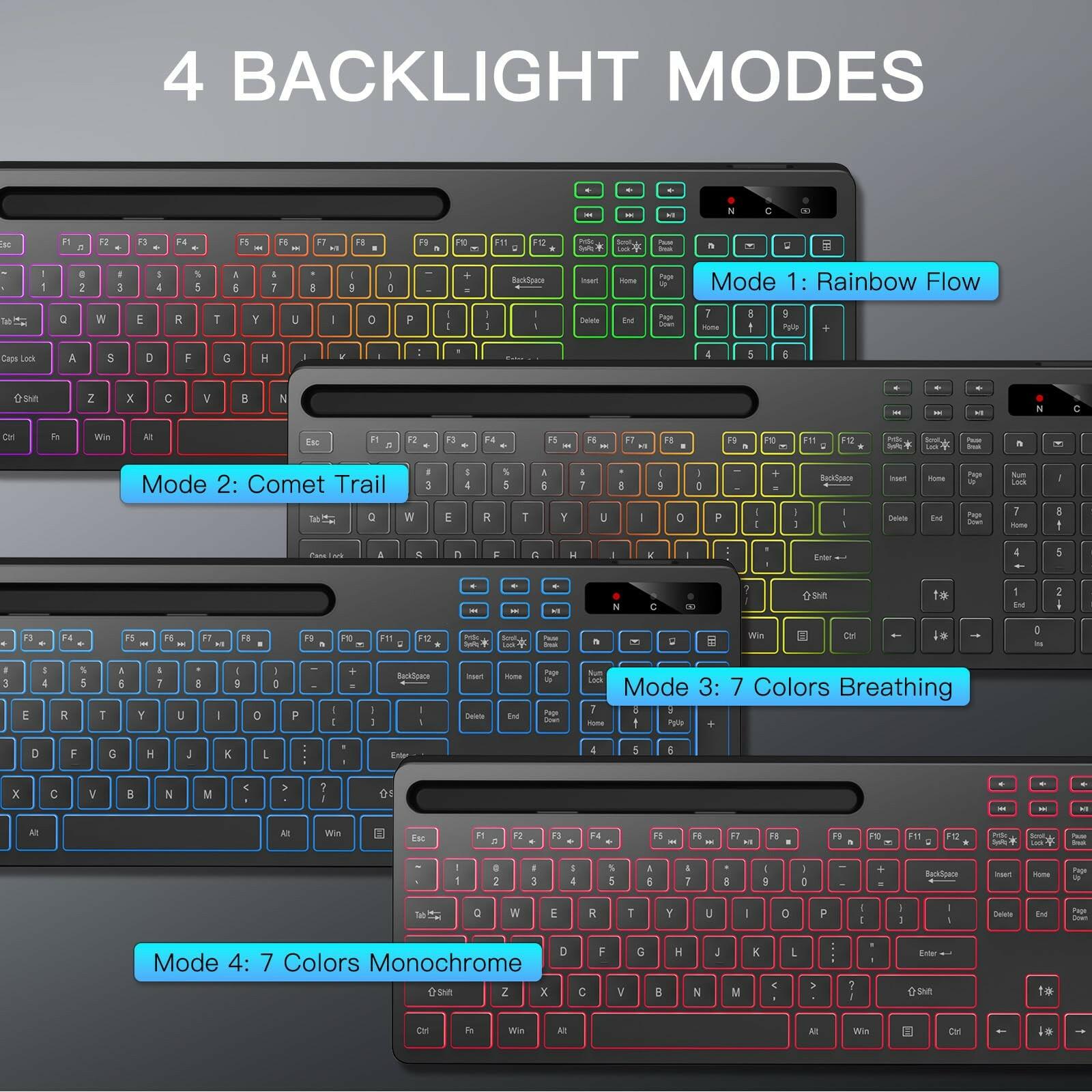 Soueto Wireless Keyboard with 7-Color RGB Backlit, Full-Size Computer Keyboard