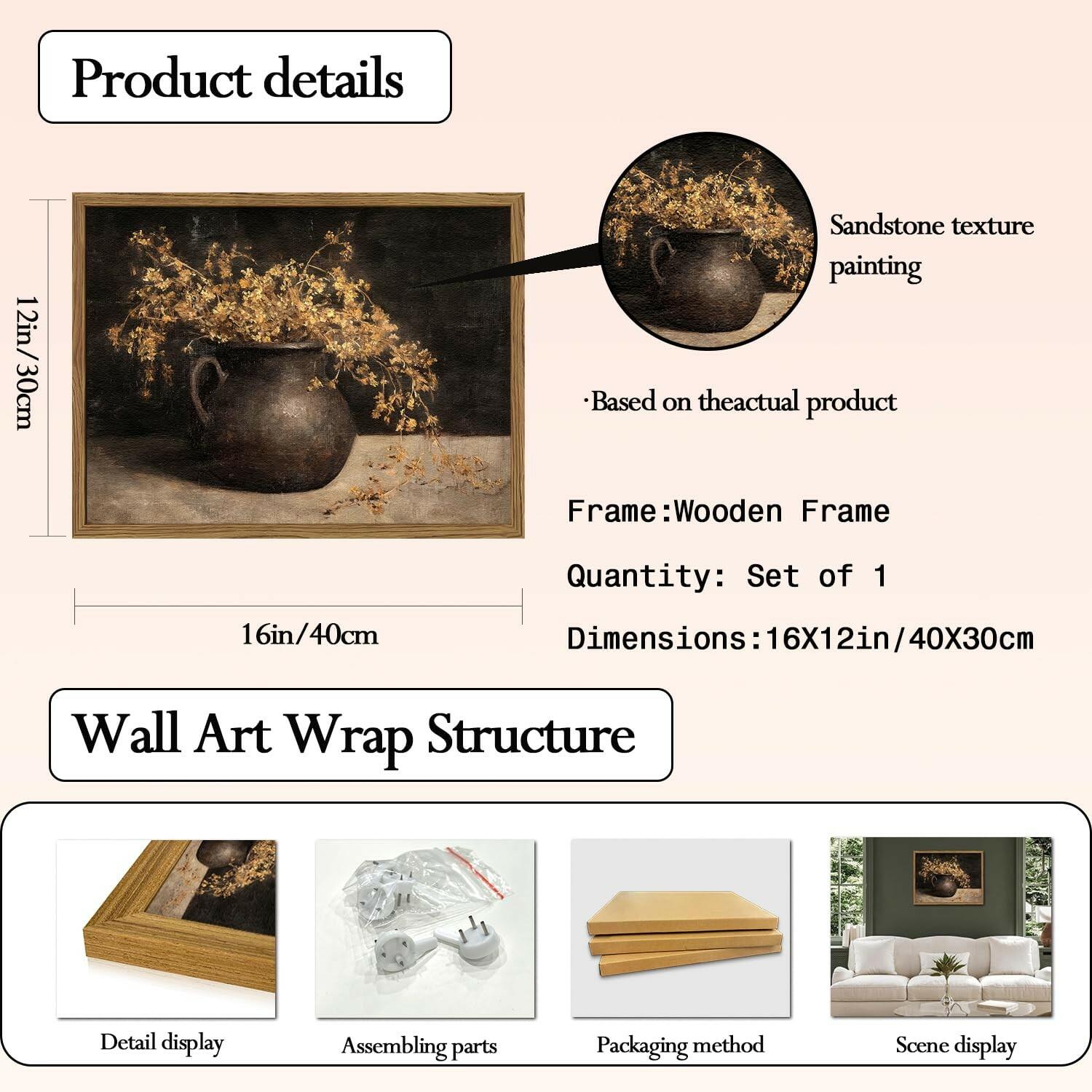 Framed Vintage Floral Wall Art, 12x16 inch 3D Textured Sandstone Dark Still Life
