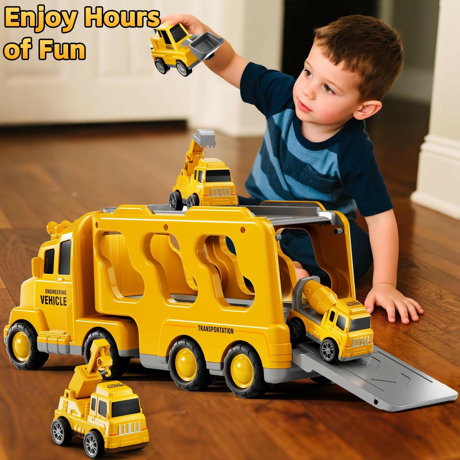 KIZONLY Construction Trucks Toys for 2 3 4 5 Years Old Boys - 5-in-1 Carrier