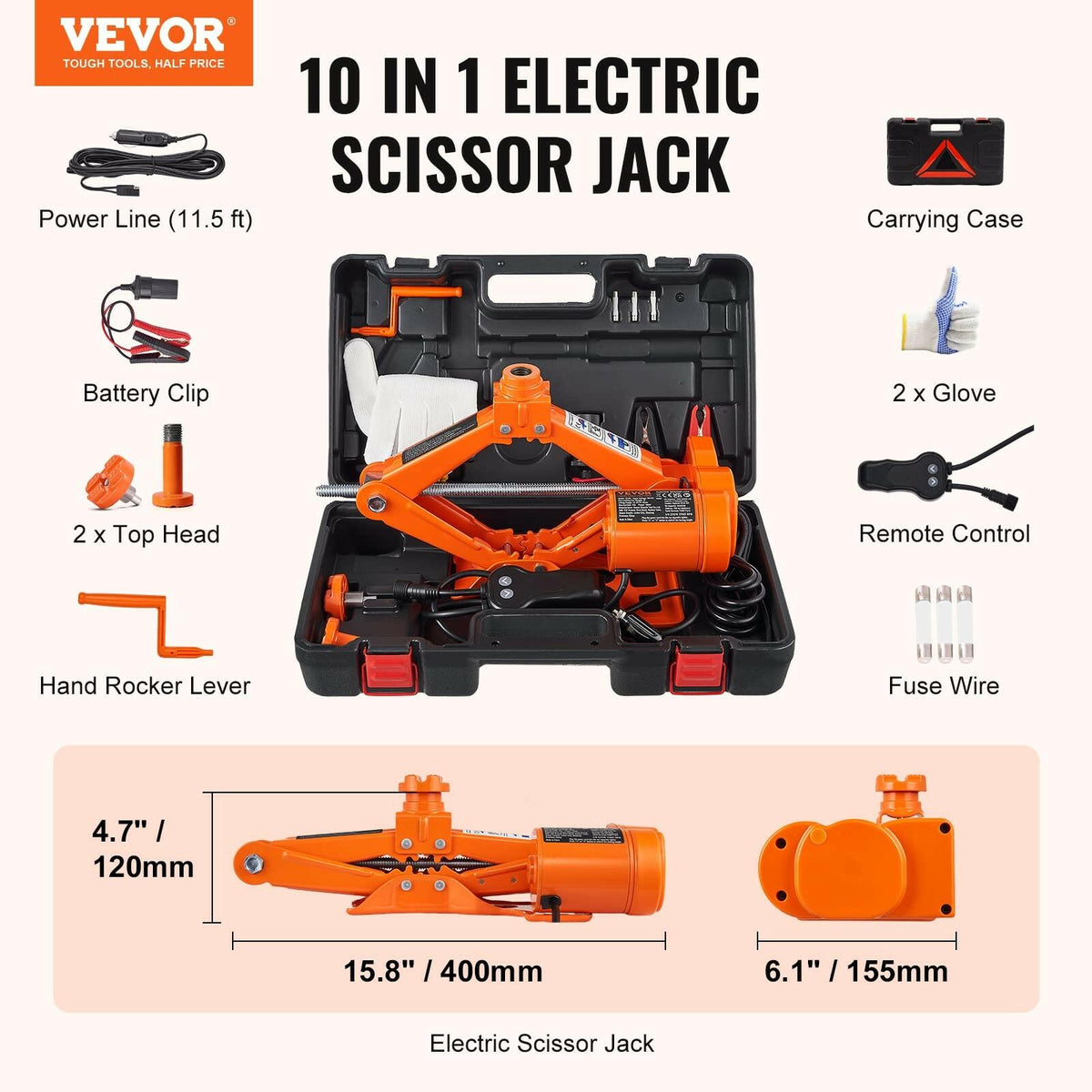 VEVOR Electric Car Jack 3 Ton 6600lbs 12V Scissor Jack Remote Control