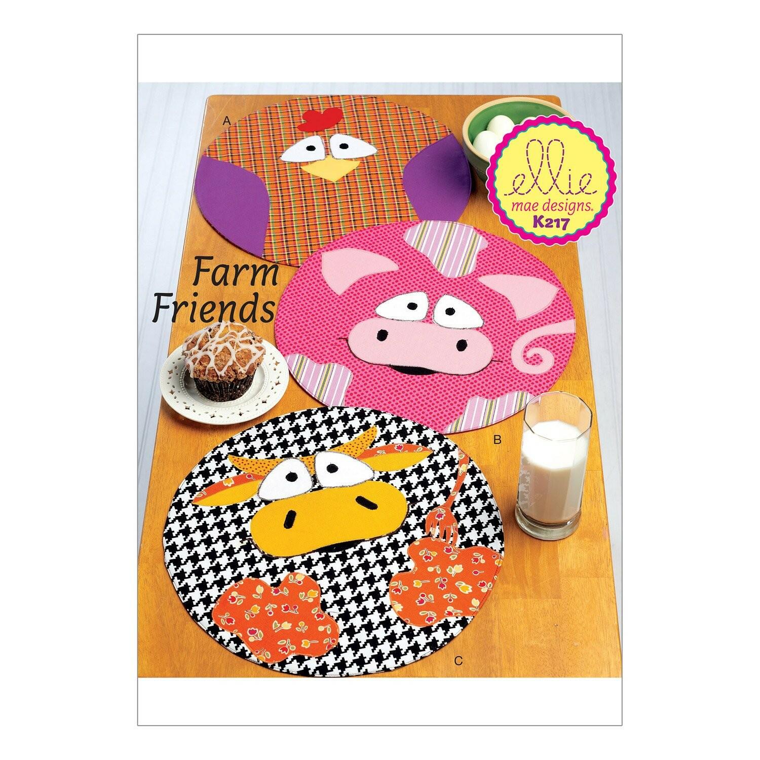 KWIK-SEW PATTERNS K0217 Circular Farm Animal Placemats, One Size