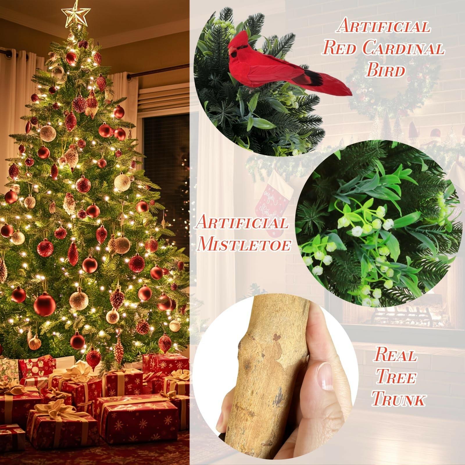 Set of 2 Artificial Christmas Urn Filler Topiary Tree with Cardinal Birds, Pine,
