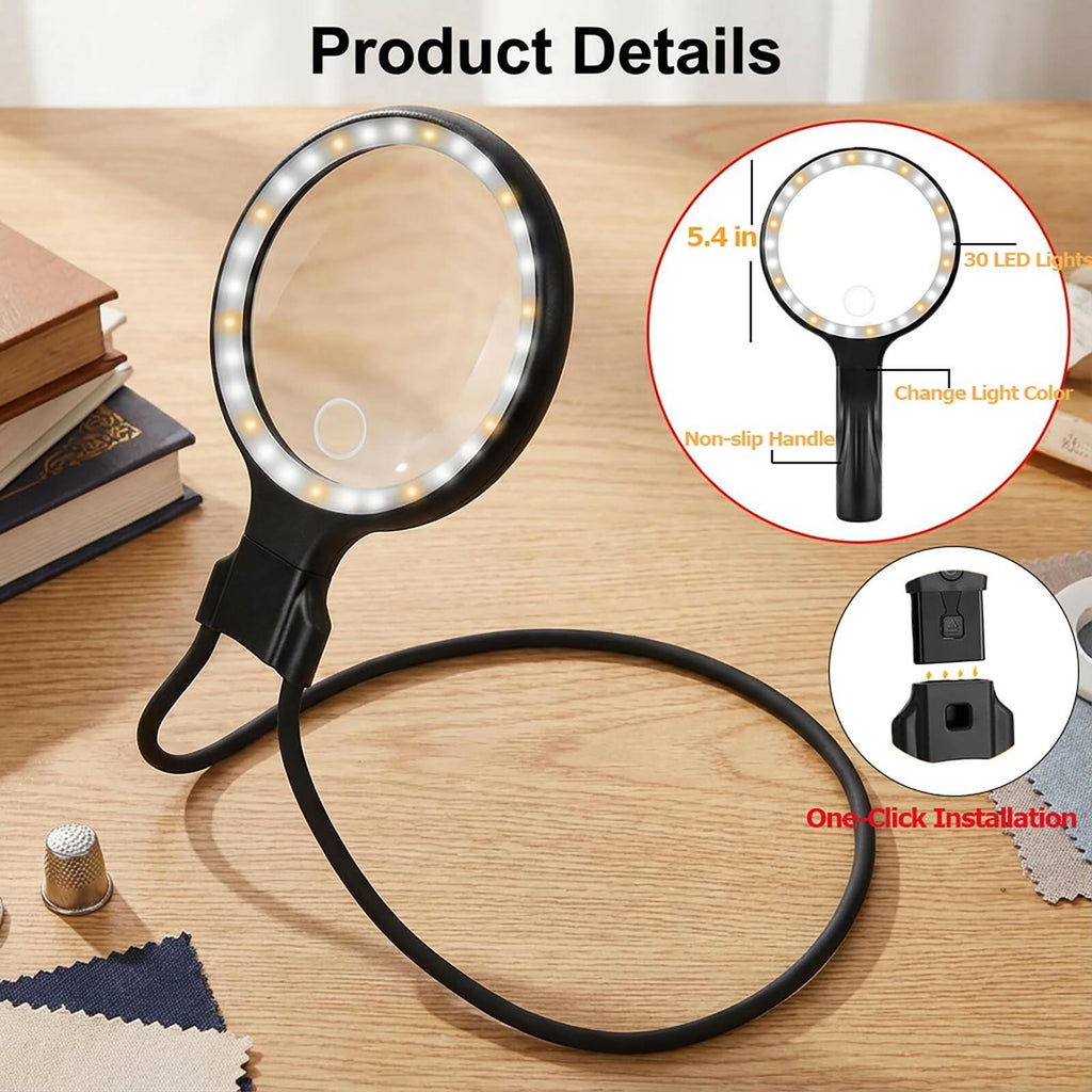 Magnifying Glass with Light - 5.4 in Hands Free Magnifying Glass for Reading,