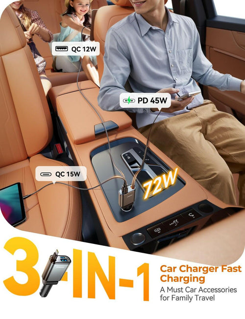 72W Car Charger USB C - PD45W USB C Retractable Cable Fast Charging for iPhone
