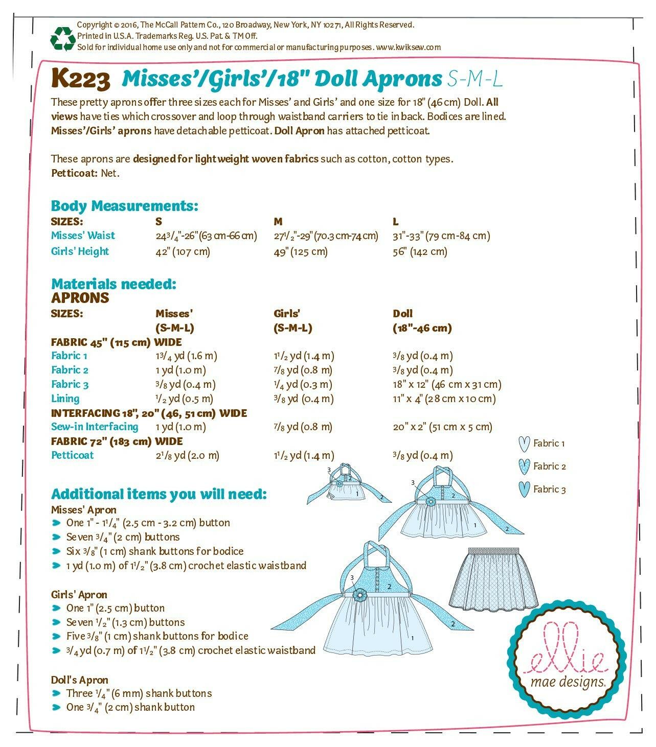 McCall's Misses'/Girls'/18" Dolls' Matching Full Aprons Sewing Pattern