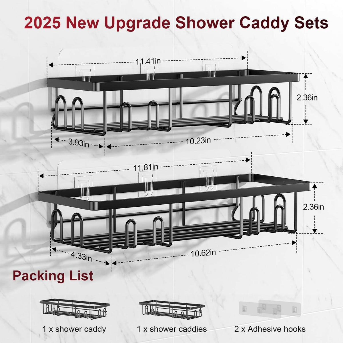 2 PACK Getsrichfc Adhesive Shower Caddy, Shower Shelves with 16 Hooks, Rustproof
