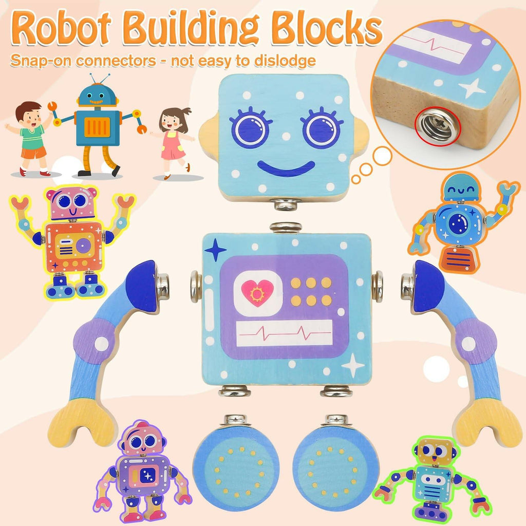 Robots Wooden Snap-Together Building Toys – 28-Piece STEM Montessori Educational