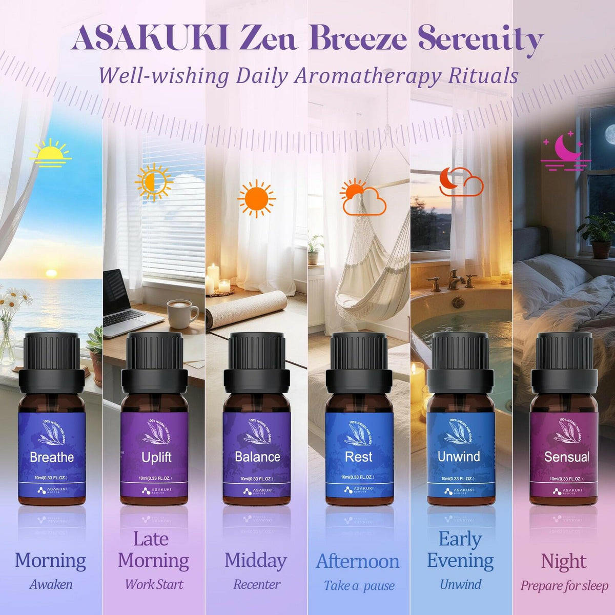 OPEN BOX - ASAKUKI Essential Oils for Diffuser – 6 Mood Essential Oil Blends