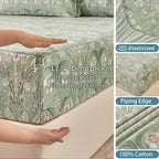 Huborise 17.5", 4Pcs Boho Sheets Silky Green Floral Bed Sheet Set Queen Size