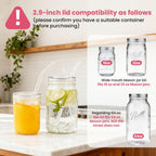 2 PACK Reusable Wide Mouth Mason Jar Lids with Glass Straw Hole -Fit 2.9-inch