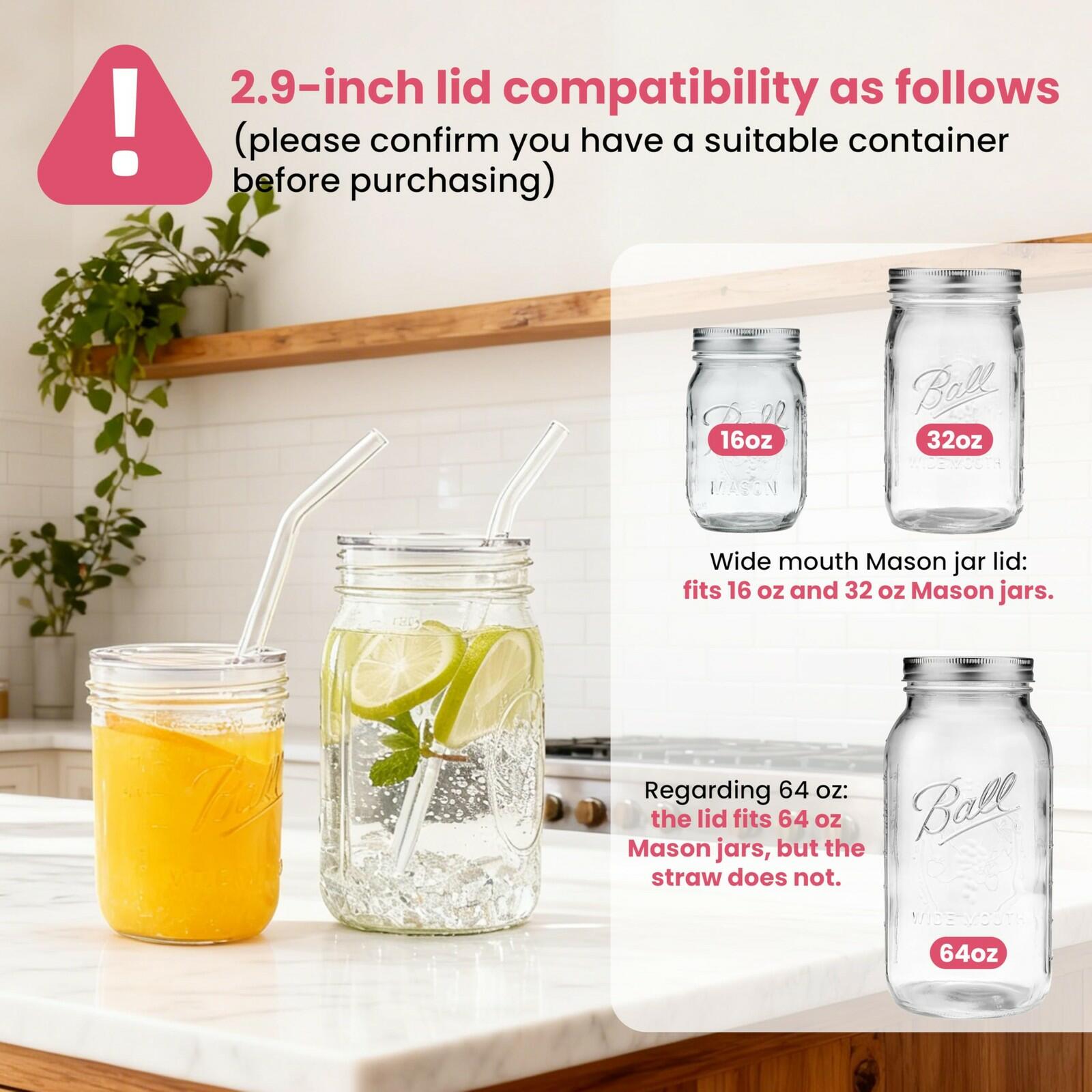 2 PACK Reusable Wide Mouth Mason Jar Lids with Glass Straw Hole -Fit 2.9-inch