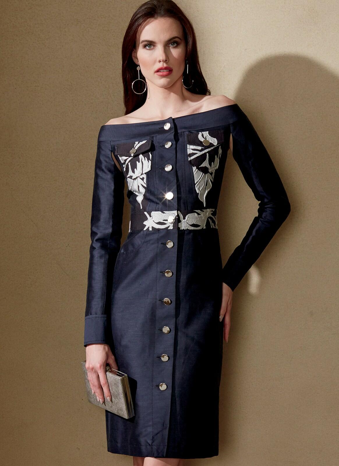 Vogue Patterns Misses' Off-The-Shoulder Shirtdress With Pockets, 14-16-18-20-22,