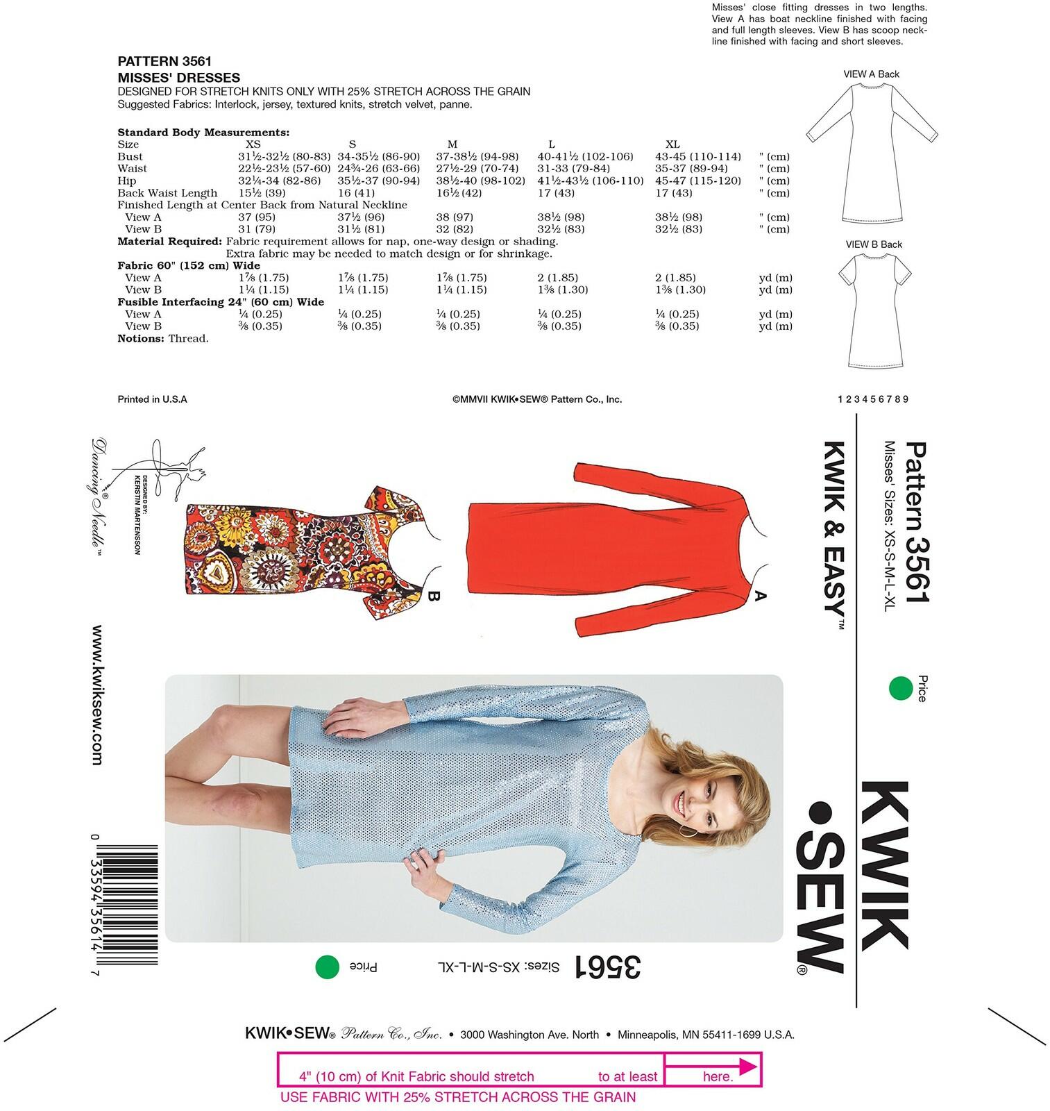 Kwik Sew K3561 Dresses Sewing Pattern, Size XS-S-M-L-XL