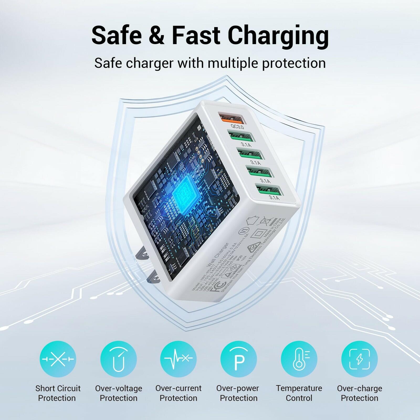 50W USB Wall Charger Block,2Pack 5-Port Charger Fast Charging Block QC 3.0