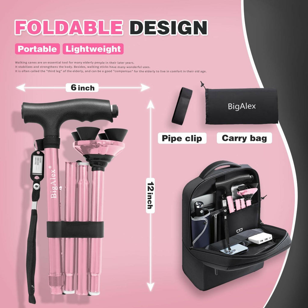 BigAlex Folding Walking Cane with LED Light,Pivoting Quad Base,Adjustable