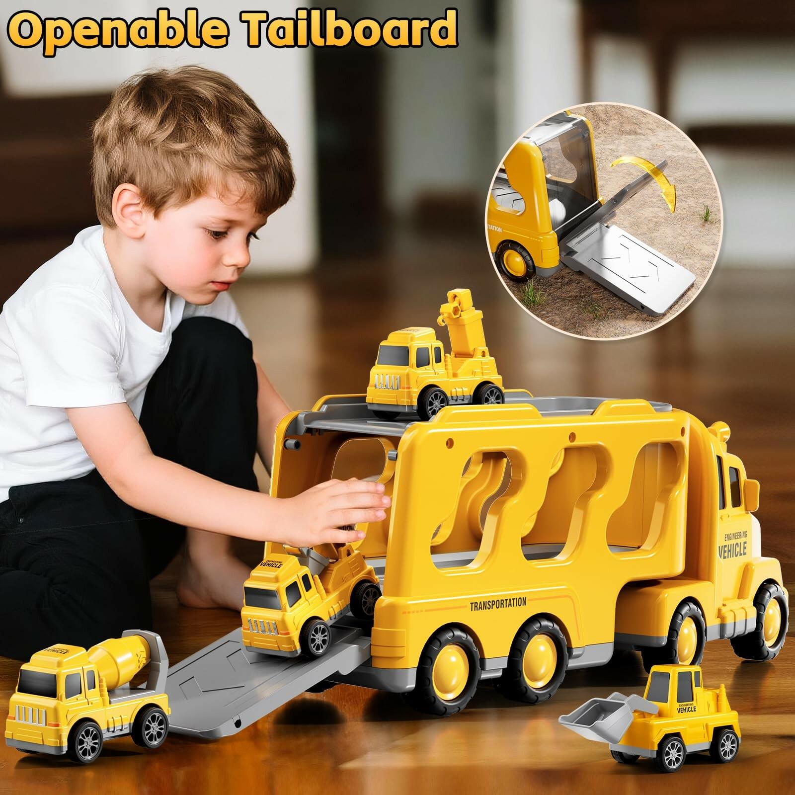 KIZONLY Construction Trucks Toys for 2 3 4 5 Years Old Boys - 5-in-1 Carrier