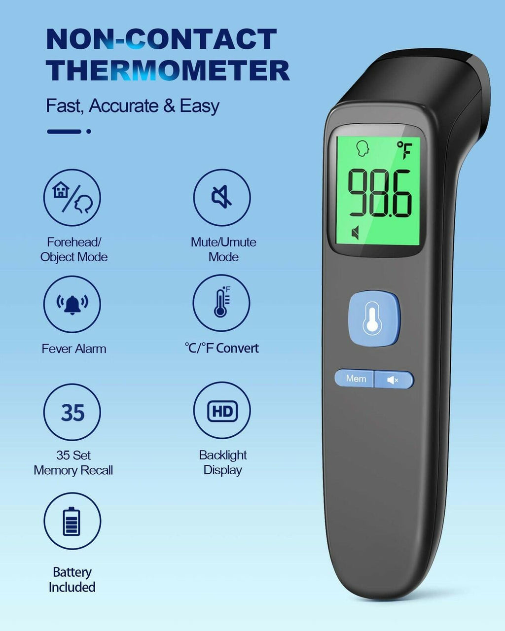 No-Touch Forehead Thermometer for Adults, Infrared Digital Baby Thermometer for
