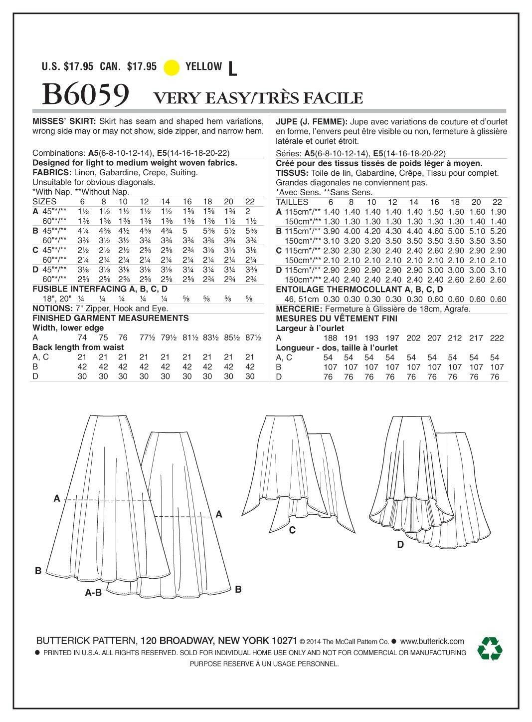 Butterick Patterns B6059 Misses' Skirt Sewing Template, Size E5 (14-16-18-20-22)
