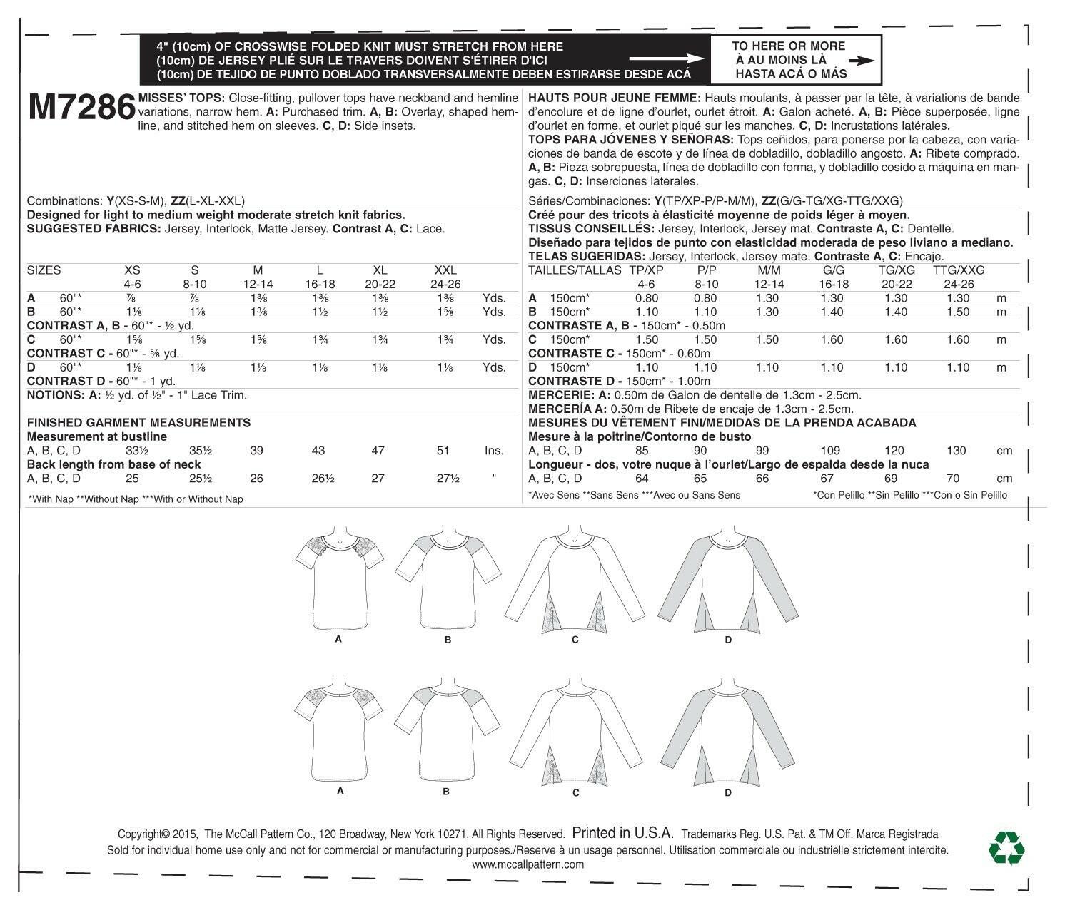 McCall's Patterns M7286 Misses' Tops, Y (X-Small-Small-Medium)